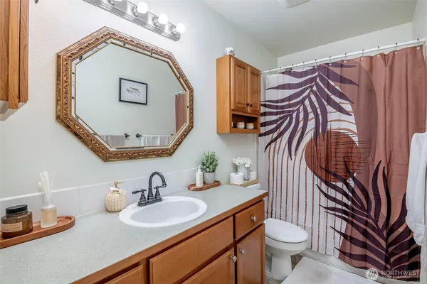 a bathroom with a sink a toilet and a mirror