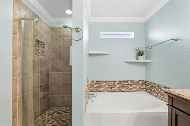 a bathroom with a bathtub and shower