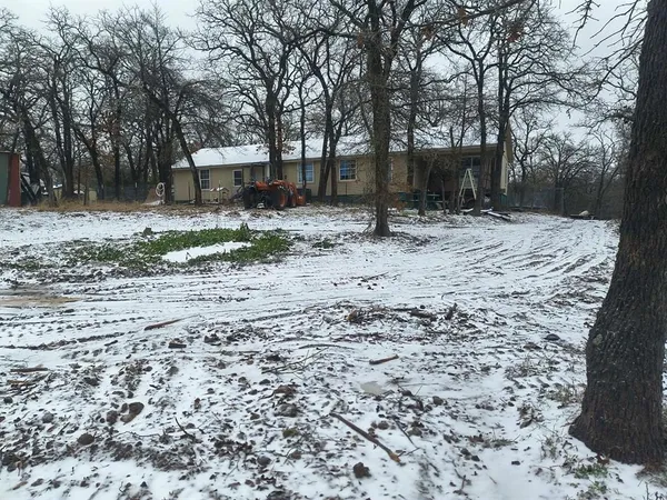 a backyard of a house with a trees and bench