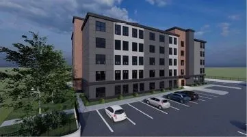 a front view of a building with street view