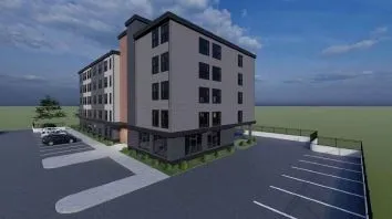 a wooden bench sitting in front of a building