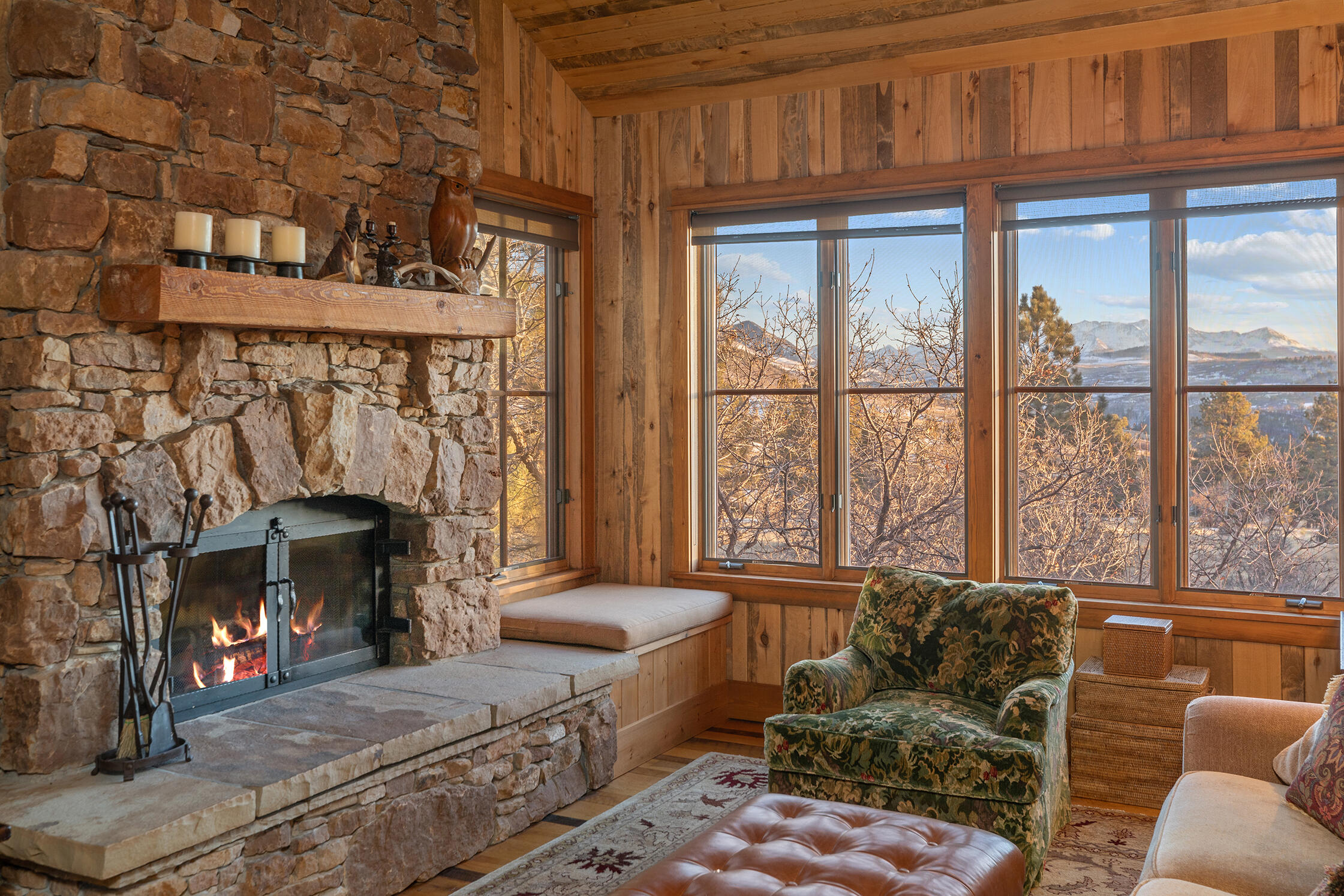 484 Gutshall Lane Placerville, CO 81430 - Photo 10 of 32 a living room with furniture a fireplace and a floor to ceiling window