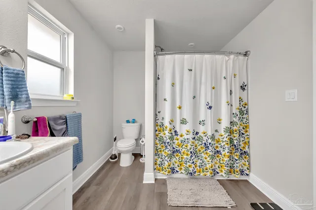 a bathroom with a toilet shower and a sink