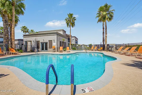 a view of a swimming pool with a lounge chairs