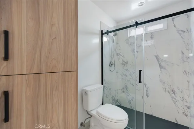 a bathroom with a shower and a toilet