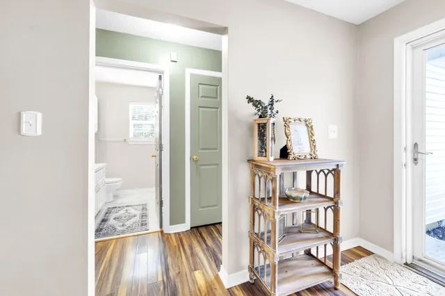 a view of a hallway with wooden floor and front door