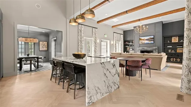 a view of a dining room with furniture