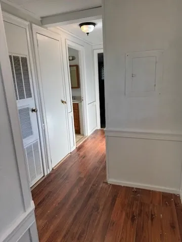 a view of hallway with walk in closet and wooden floor