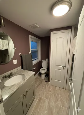 a bathroom with a sink a toilet a mirror and vanity
