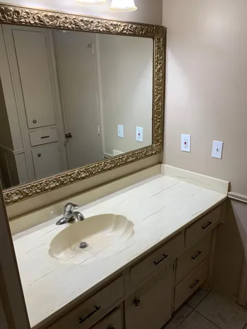a bathroom with a sink and a mirror