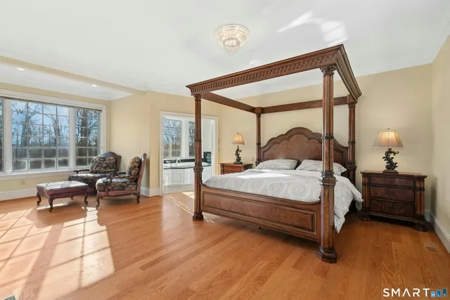 a spacious bedroom with a bed and a large window