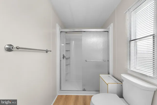 a bathroom with a shower and a toilet