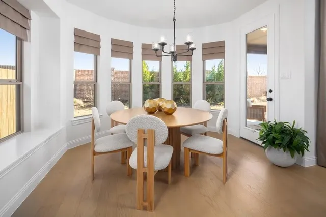 a dining room with furniture potted plants and wooden floor