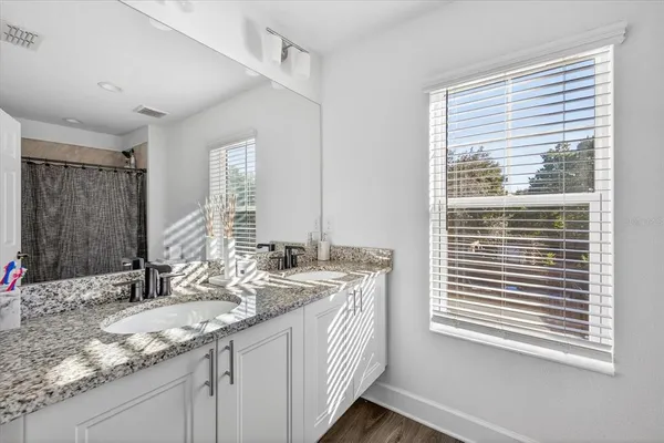 a bathroom with a granite countertop sink and a large mirror