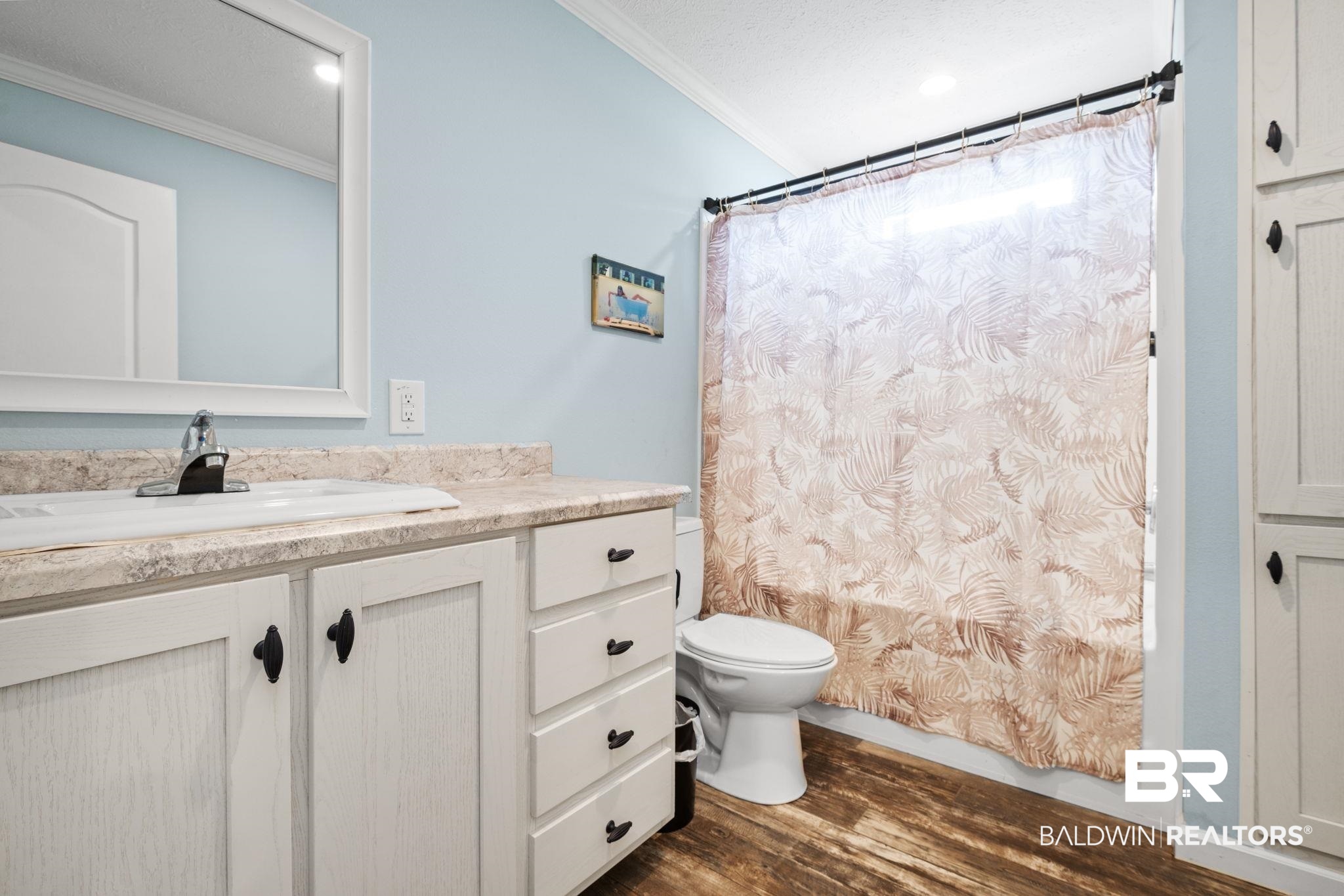 10703 South Ridge Drive Semmes, AL 36575 - Photo 29 of 37 Bathroom featuring crown molding, vanity, wood finished floors, and a shower with curtain