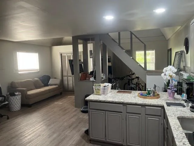 a bathroom with double vanity and a mirror or bathtub