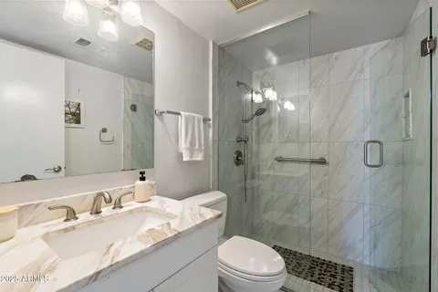 a bathroom with a granite countertop sink a toilet a mirror a vanity and shower