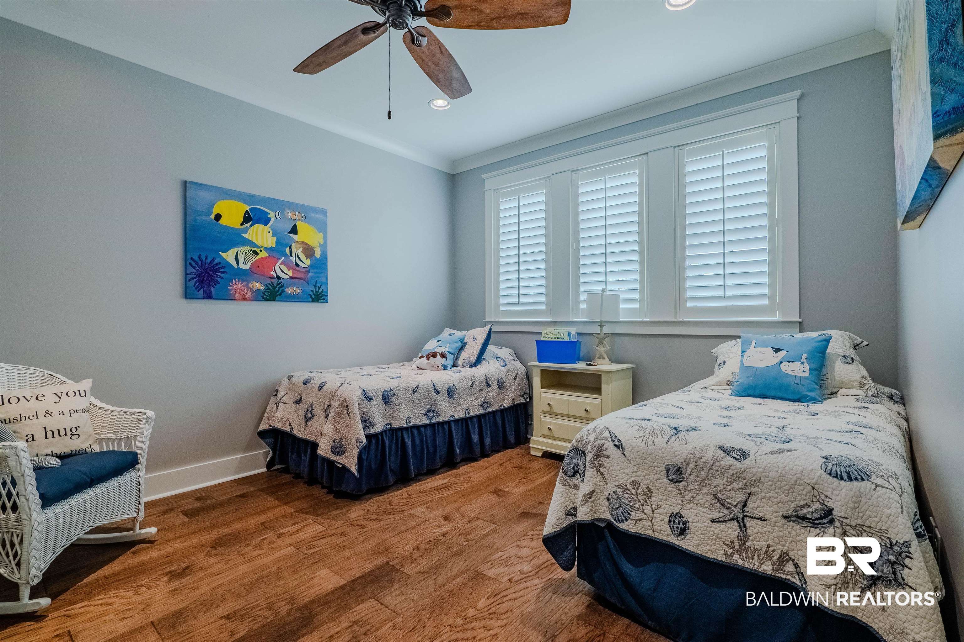708 Manning Place Fairhope, AL 36532 - Photo 37 of 58 Bedroom featuring crown molding, wood-type flooring, and ceiling fan