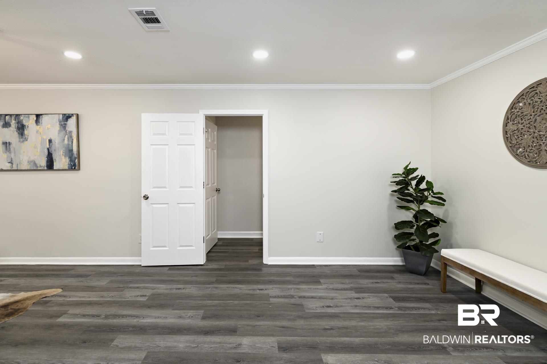 5922 Sunnyside Drive Mobile, AL 36619 - Photo 8 of 51 Living area featuring crown molding, baseboards, dark wood-type flooring, and recessed lighting