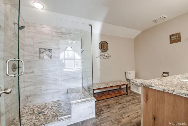 a bathroom with a granite countertop shower sink and mirror