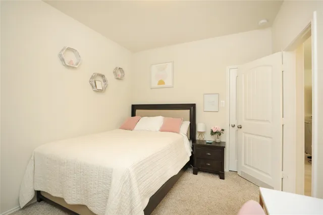 a bedroom with a bed and a cabinets