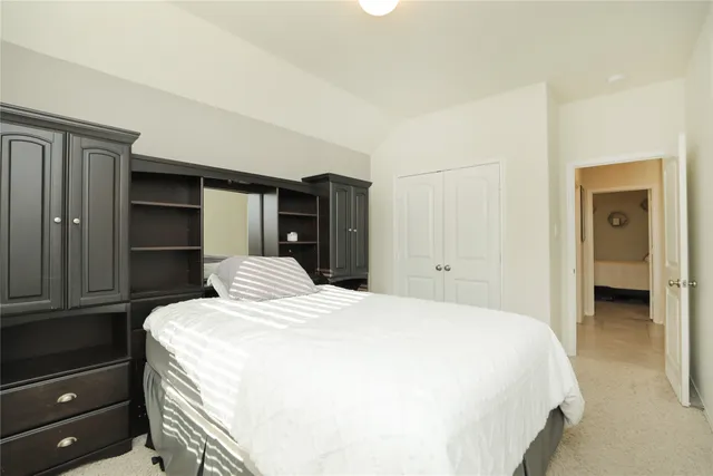 a bedroom with a bed and a closet