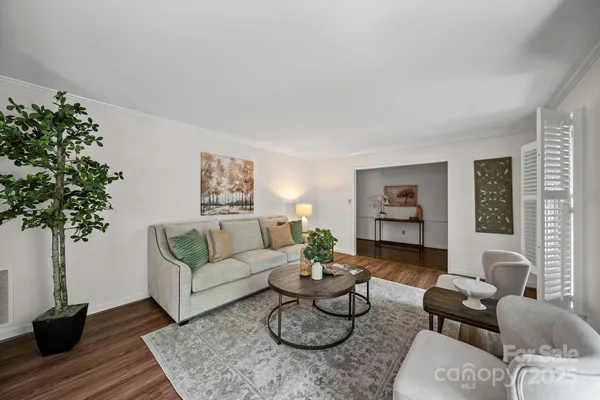 a living room with furniture potted plant and a window