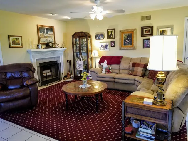 a living room with furniture and a fireplace
