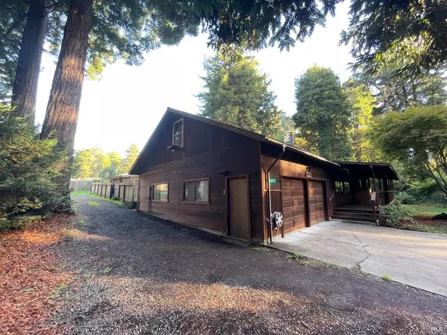 a view of a backyard with large trees