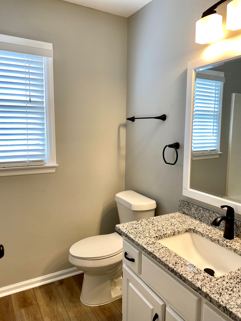 6032 North Pointe Drive Columbus, GA 31909 - Photo 16 of 26 a bathroom with a granite countertop toilet a sink and mirror