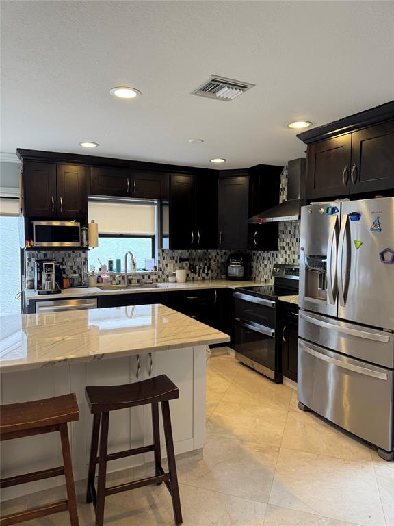 22251 Sands Point Drive Boca Raton, FL 33433 - Photo 33 of 41 a kitchen with stainless steel appliances a refrigerator a stove a microwave a sink and a center island