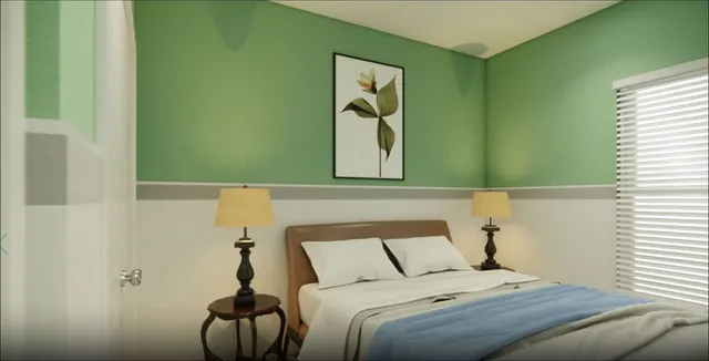 a bedroom with a bed and a window