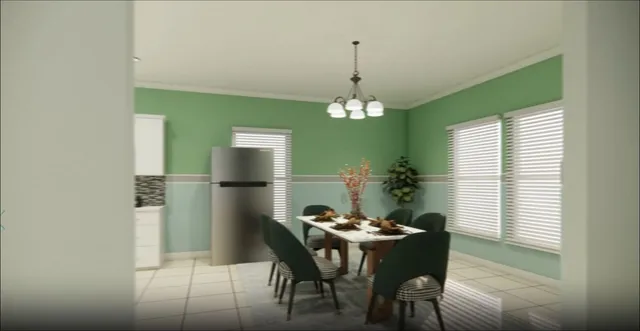 a dining room with furniture and window