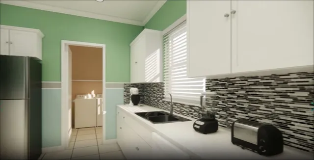 a kitchen with granite countertop a refrigerator and a stove top oven