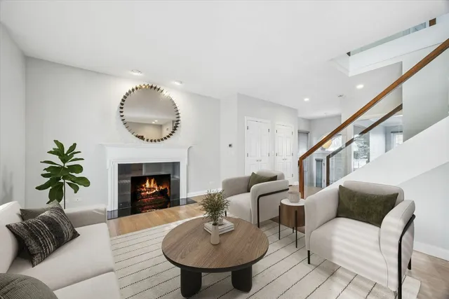 a living room with furniture a fireplace and a potted plant