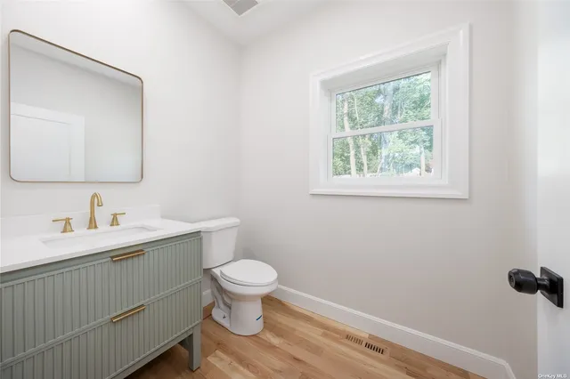 a bathroom with a toilet sink vanity and mirror