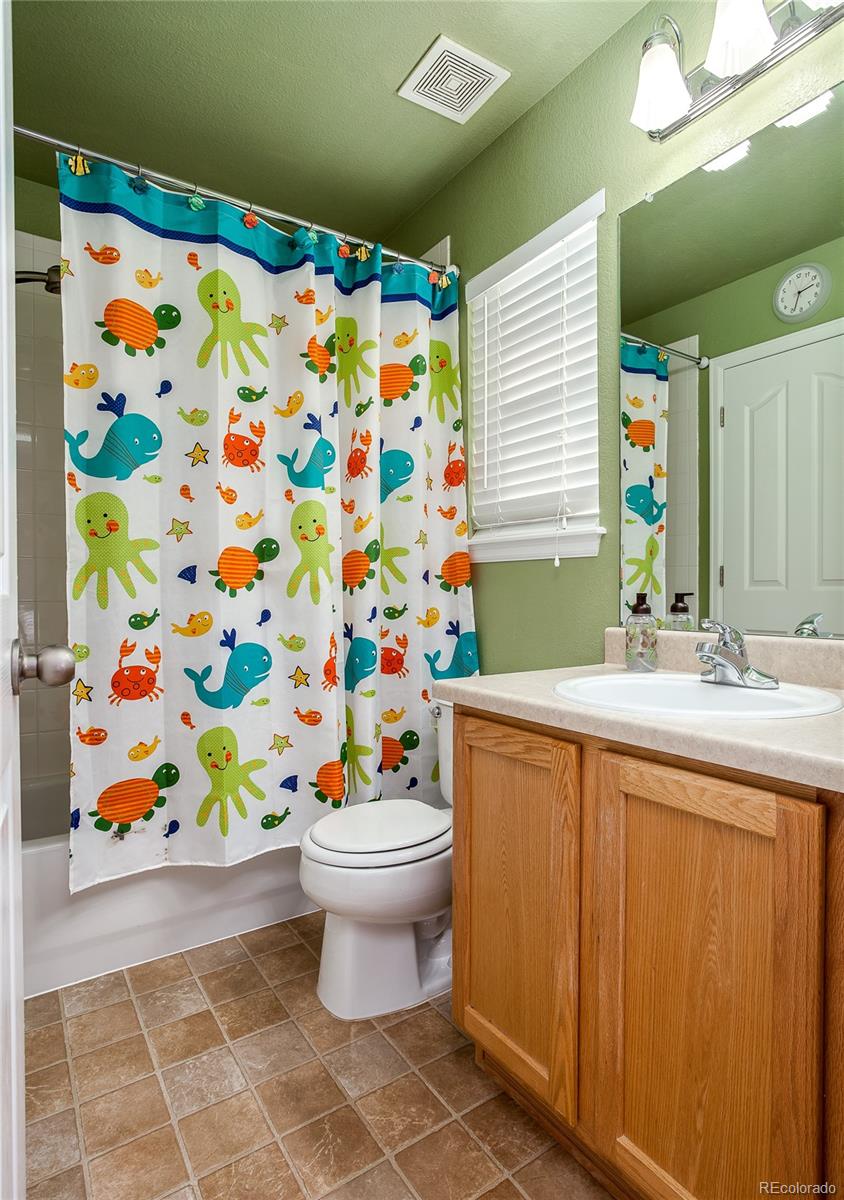 10839 Brooklawn Road Highlands Ranch, CO 80130 - Photo 25 of 32 a bathroom with a sink a toilet and shower curtain