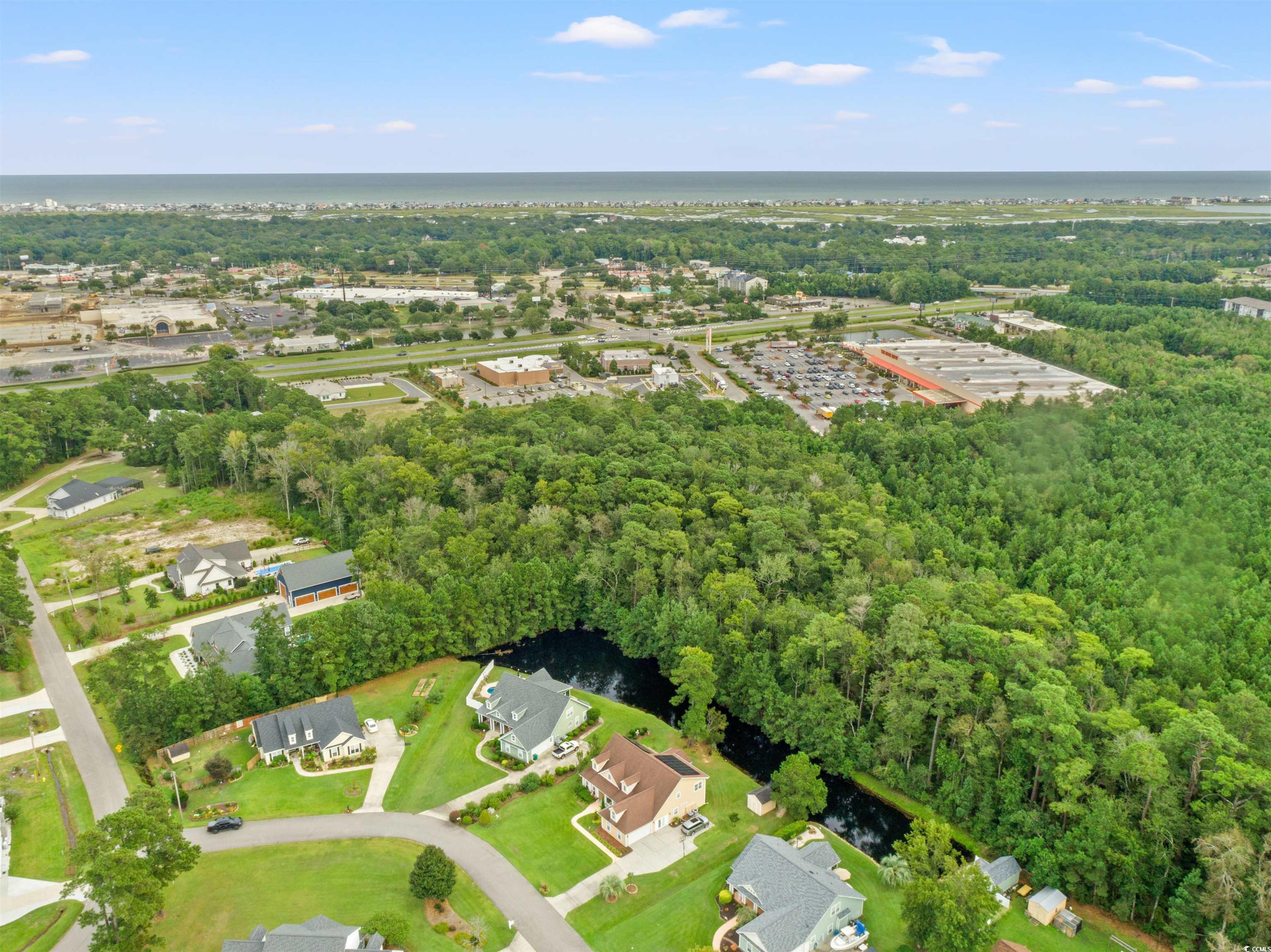 109 Eden Court Murrells Inlet, SC 29576 - Photo 28 of 31 Aerial overview of property's location with a nearby body of water and a tree filled landscape