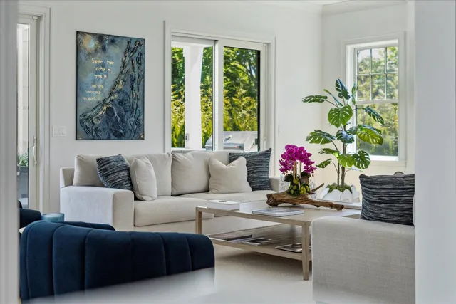 a living room with furniture and a potted plant