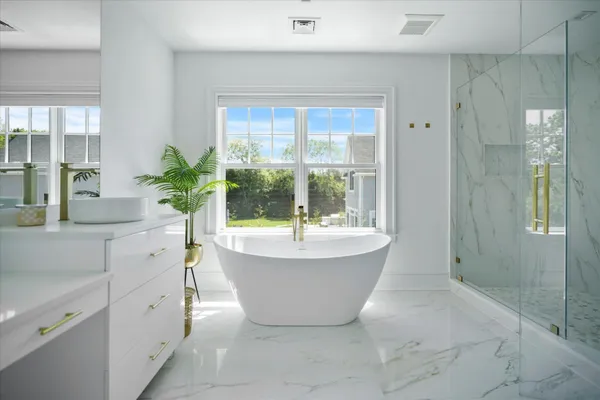 a view of a bathtub in a bathroom