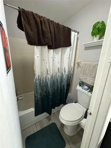 a bathroom with a shower and a toilet