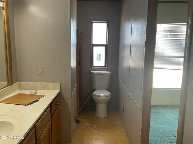 a bathroom with a sink toilet and window