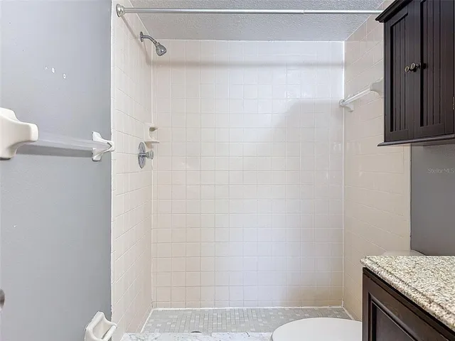 a bathroom with a granite countertop shower and a toilet