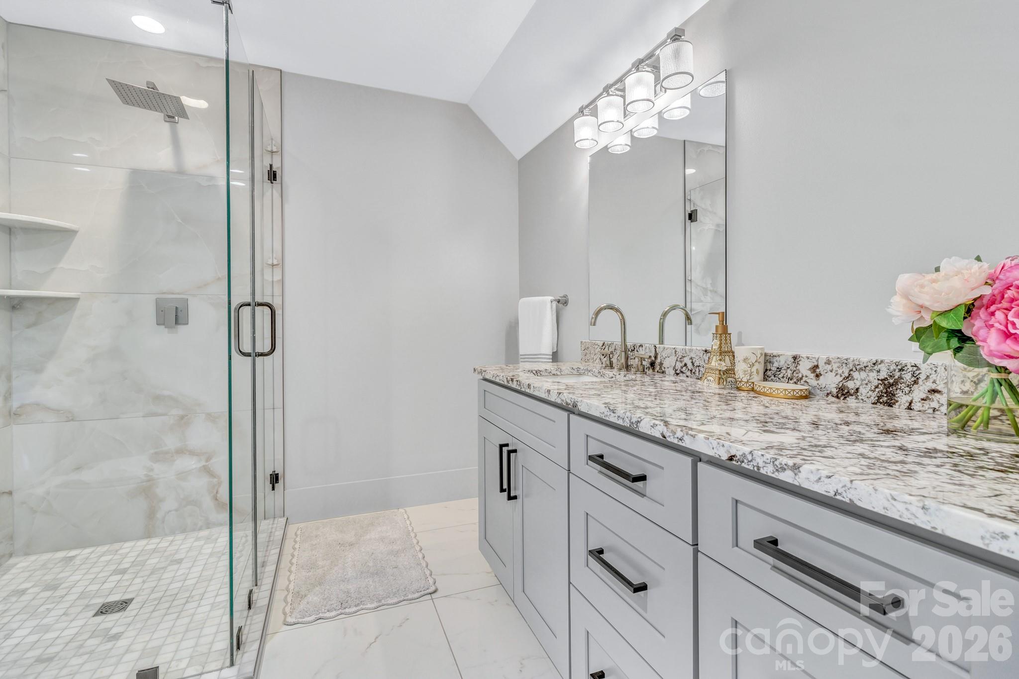 301 Rockbridge Road Mills River, NC 28759 - Photo 42 of 48 a bathroom with a granite countertop shower sink and mirror