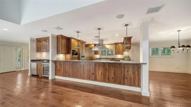 a front view of a house with a chandelier