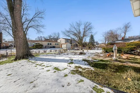 a view of a yard with snow on the road