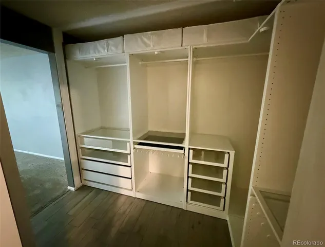 a view of walk in closet with empty racks