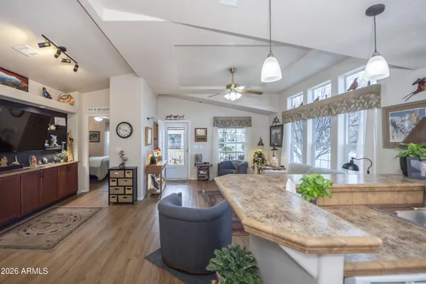 a large living room with stainless steel appliances granite countertop couches a fireplace with wooden floor