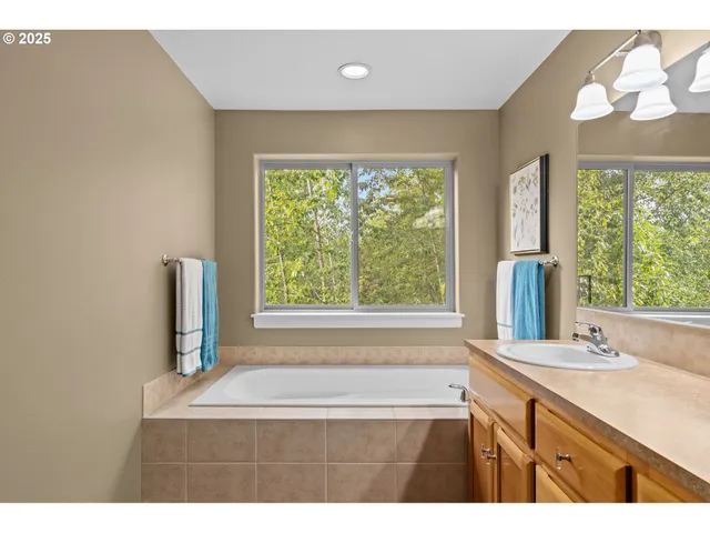 a bathroom with a tub a sink and a large mirror