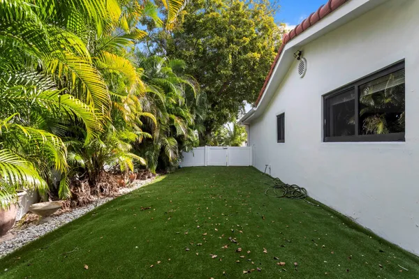 a view of a backyard with potted plants and large tree